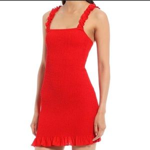 Gianni Bini Mia smocked square neck ruffle strap red mini dress size small